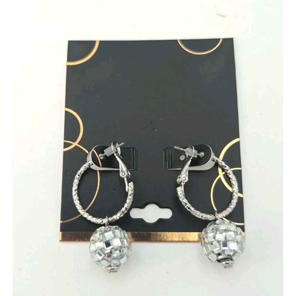 Disco Ball Earrings Silver Mirror Pierced Dance Party Jewelry Dangle Bling 1"